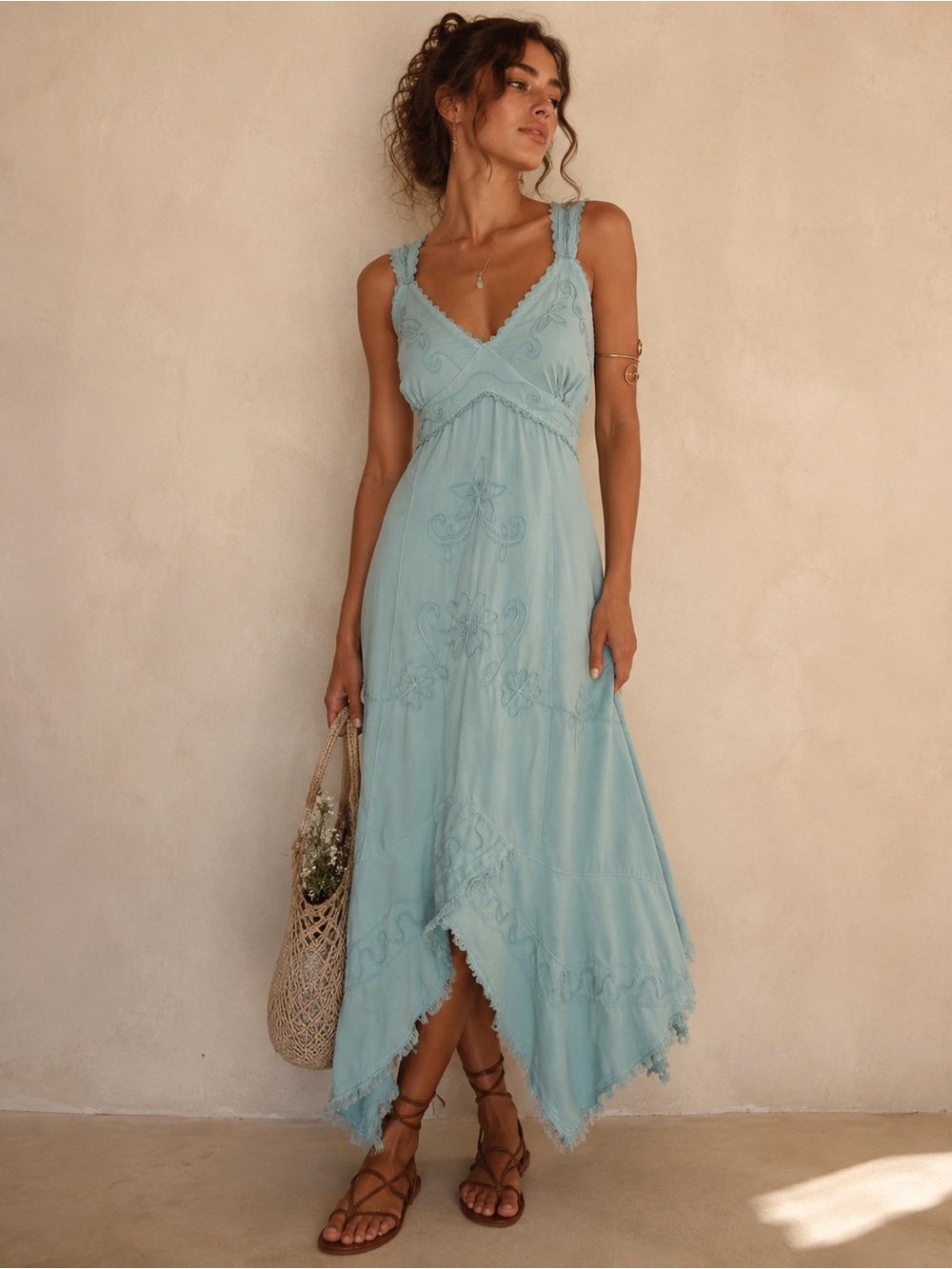 Vintage Y2K Giocam Blue Teal Embroidered Cotton Fairycore Handkerchief Midi Dres